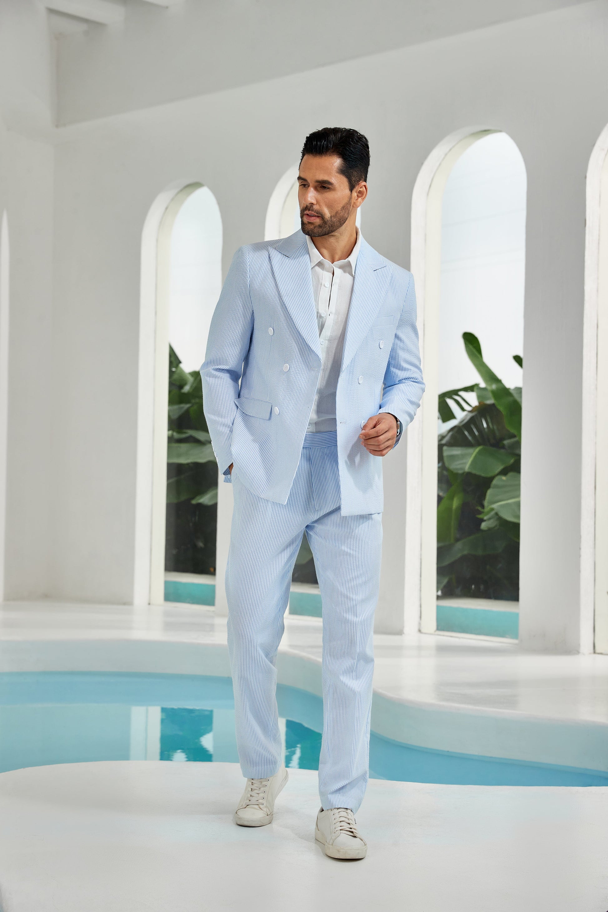 Seersucker Double Breasted Blazer Pants 2 Piece Men's Summer Suit Yuanlu