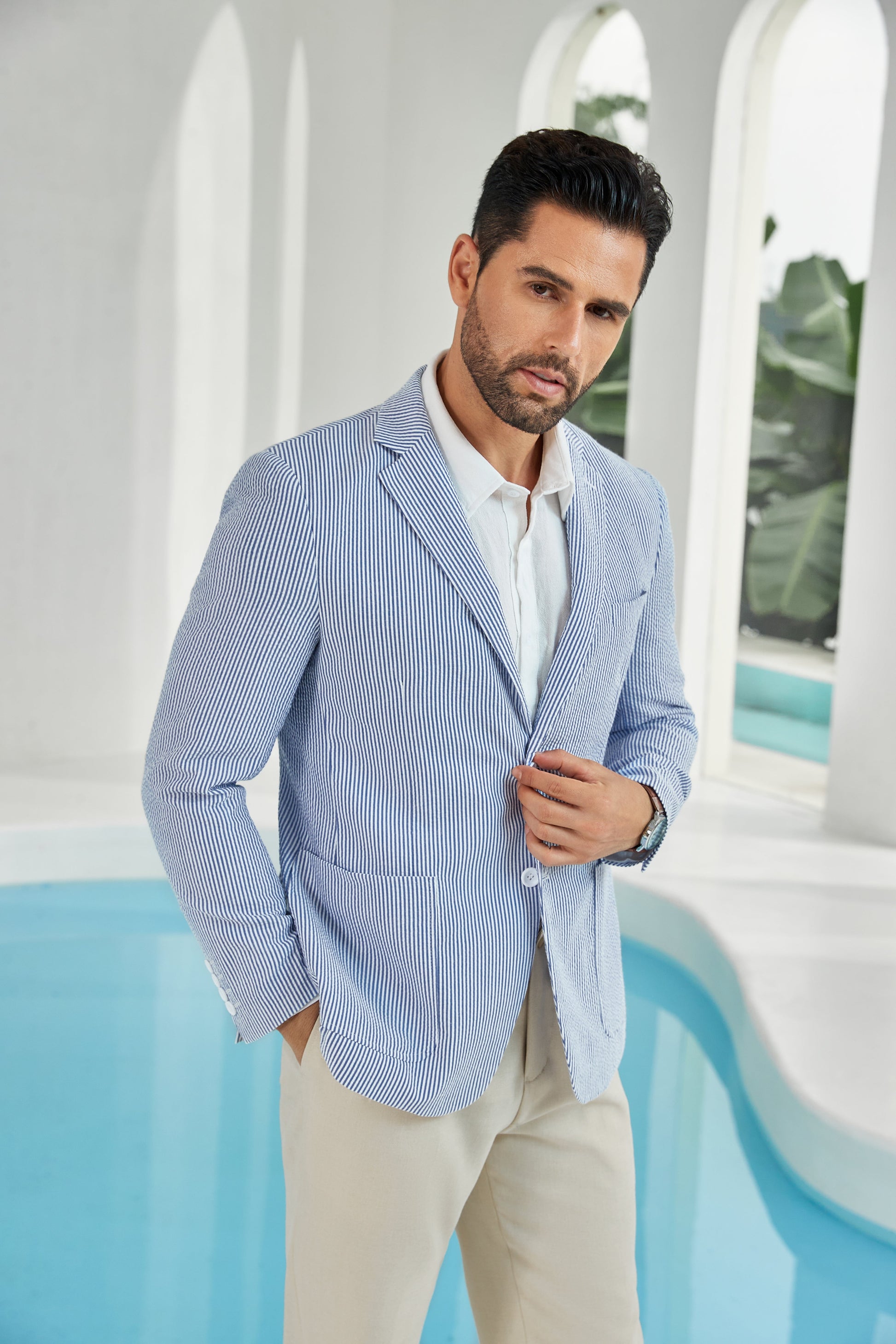 Seersucker Striped Men's Summer Blazer Yuanlu