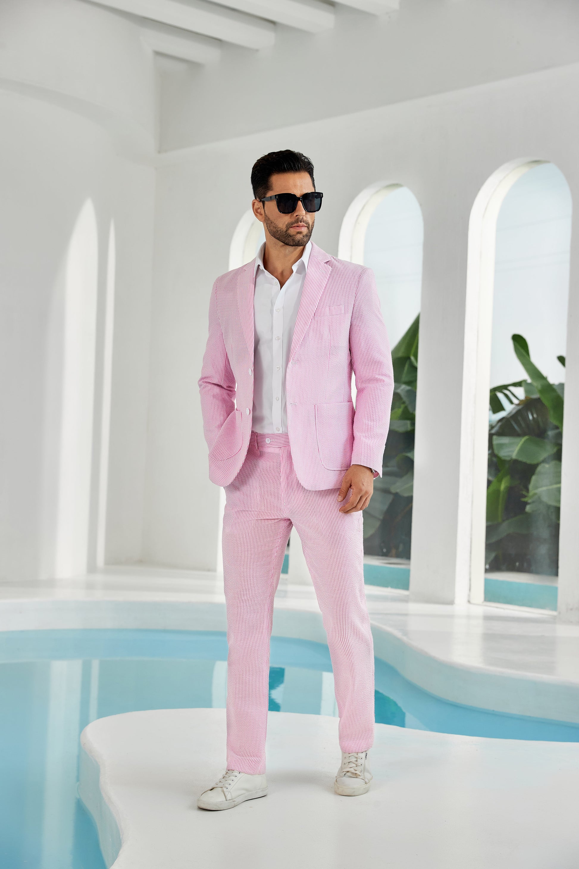 Seersucker Striped Blazer Pants 2 Piece Men's Summer Suit Yuanlu