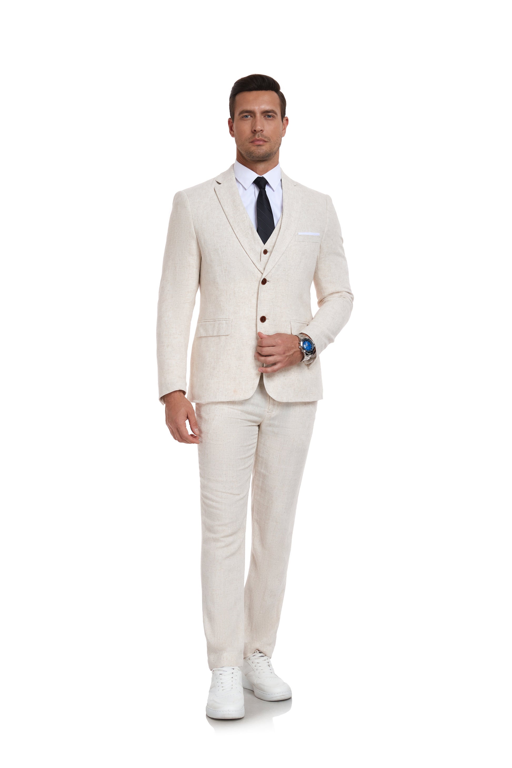 Beige Retro Linen Beach Wedding Summer 3 Pieces Men Suits Yuanlu