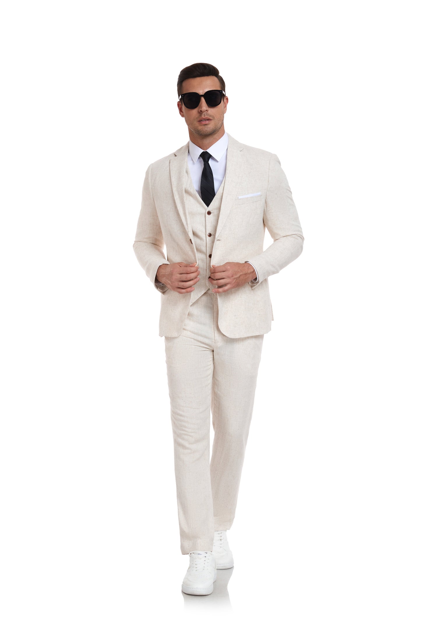 Beige Retro Linen Beach Wedding Summer 3 Pieces Men Suits Yuanlu