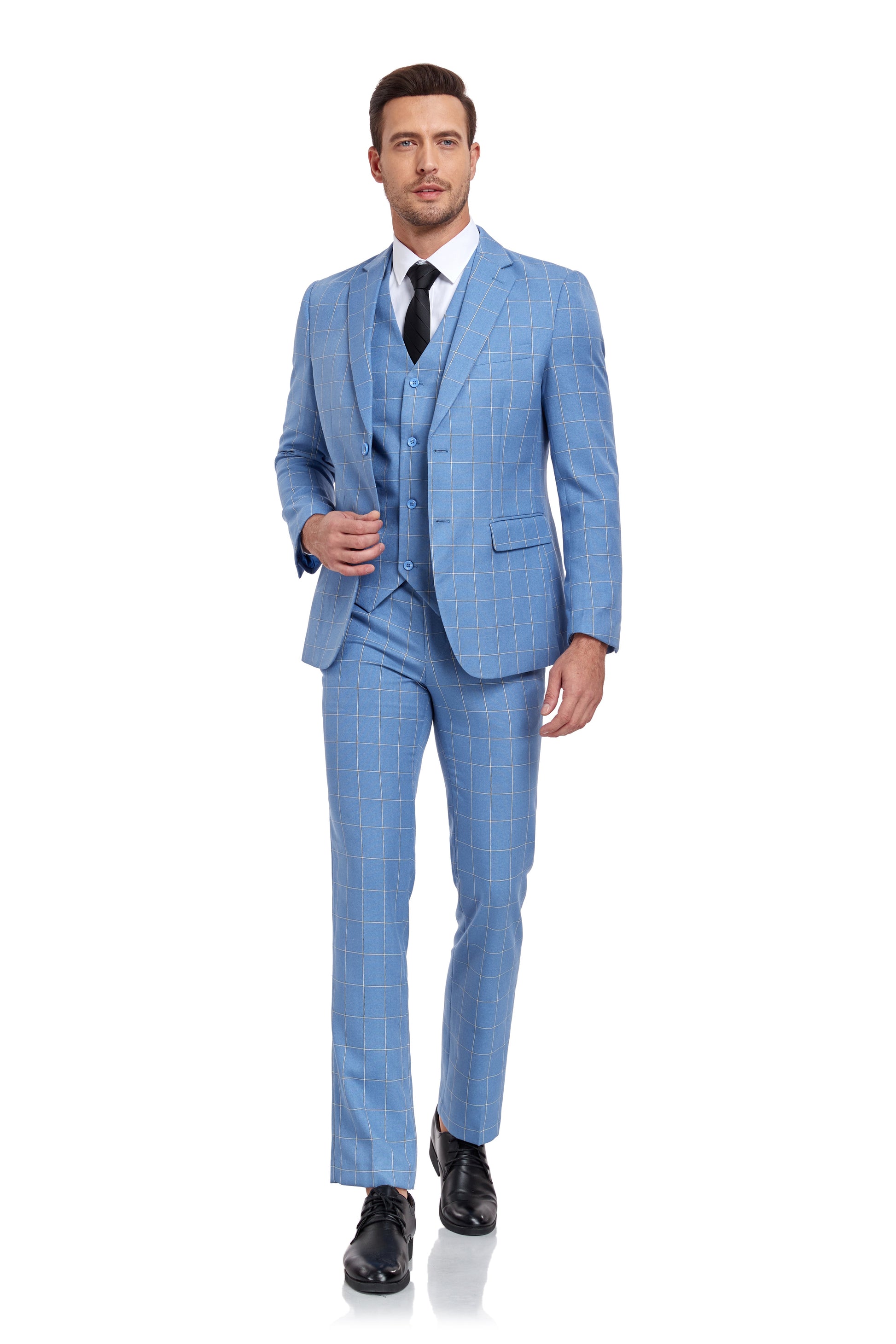 Light Blue Plaid Men's 3 Piece Slim Fit Suit Set Yuanlu