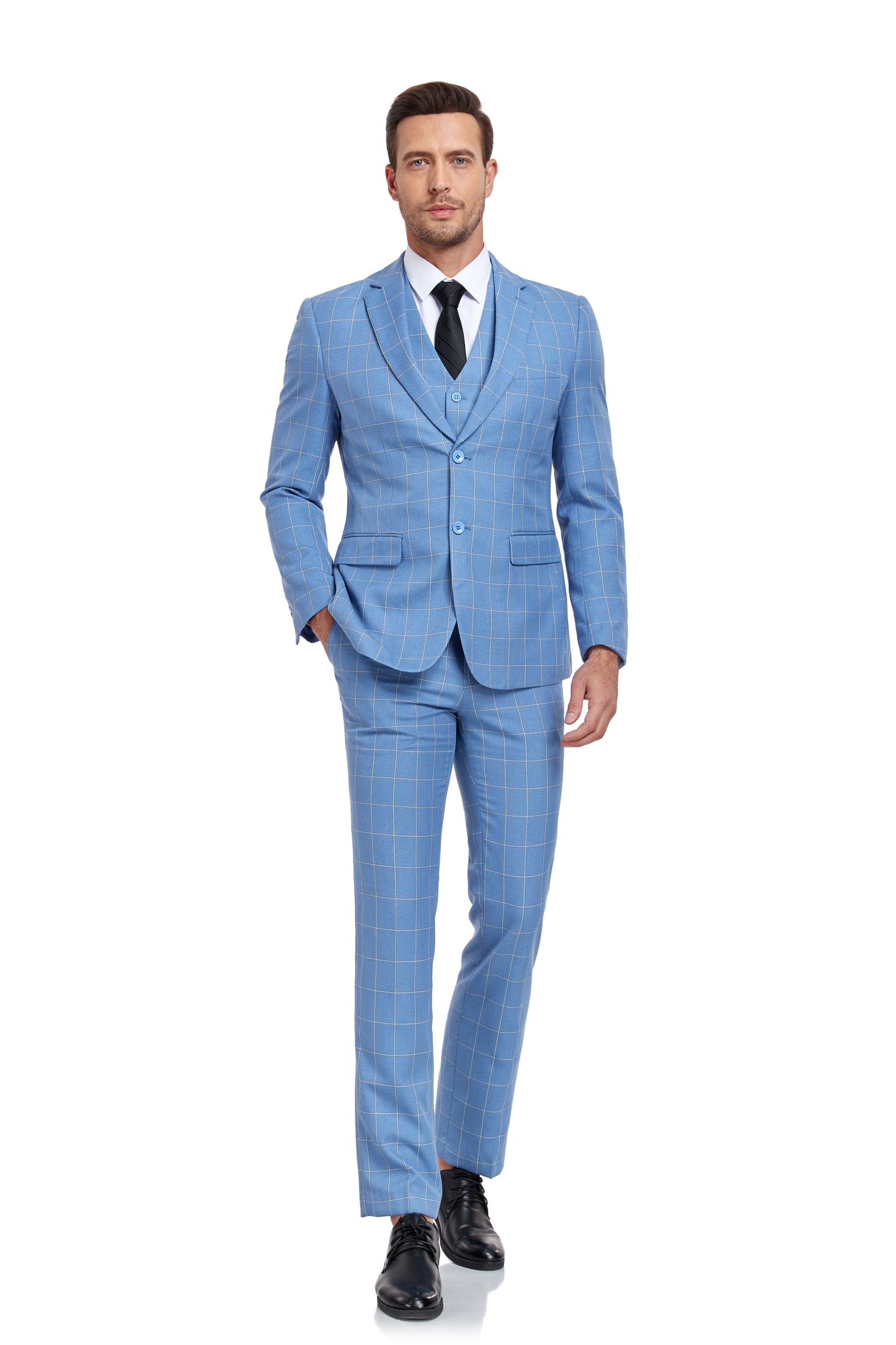 Light Blue Plaid Men's 3 Piece Slim Fit Suit Set Yuanlu