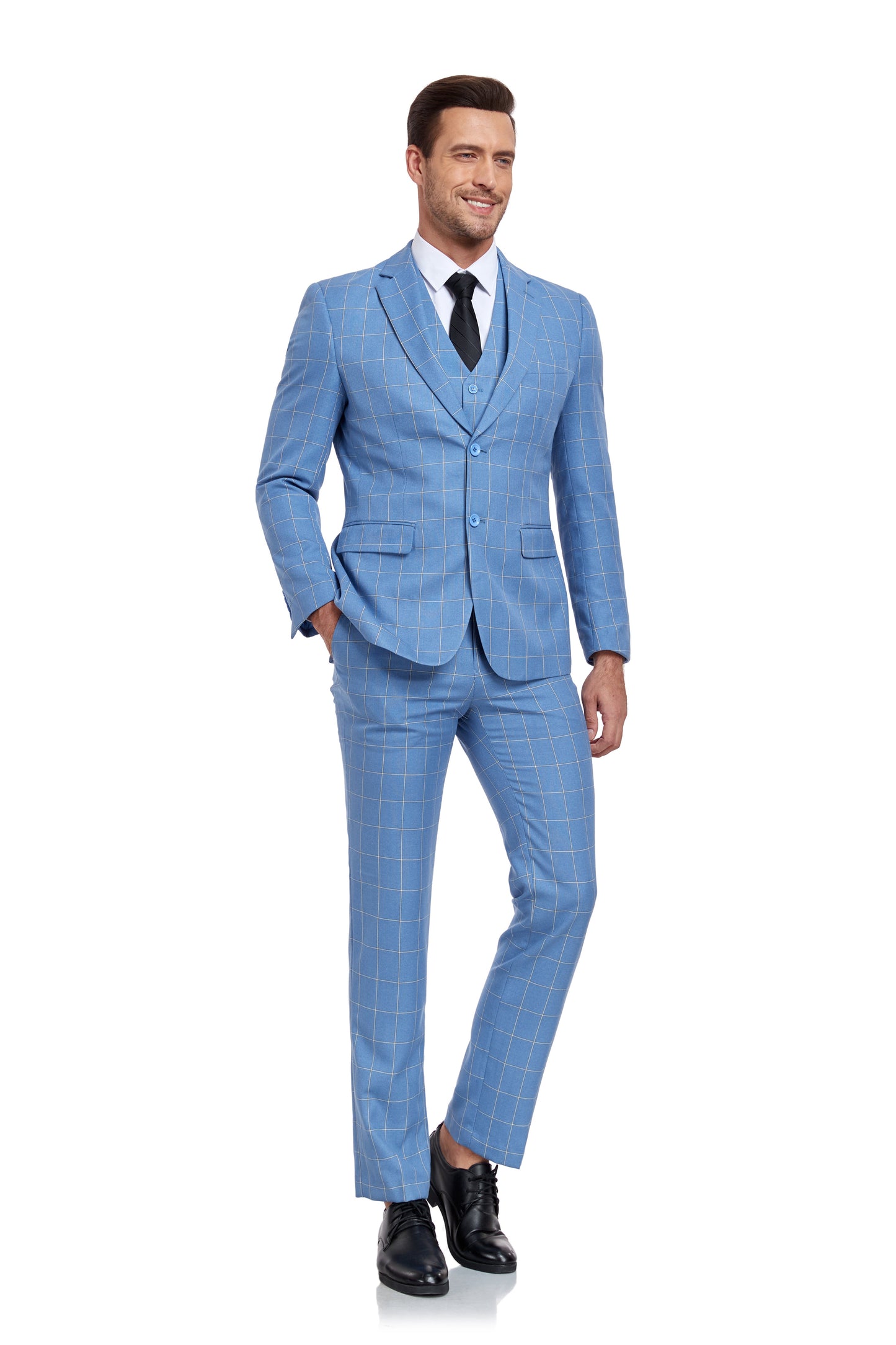 Light Blue Plaid Men's 3 Piece Slim Fit Suit Set Yuanlu