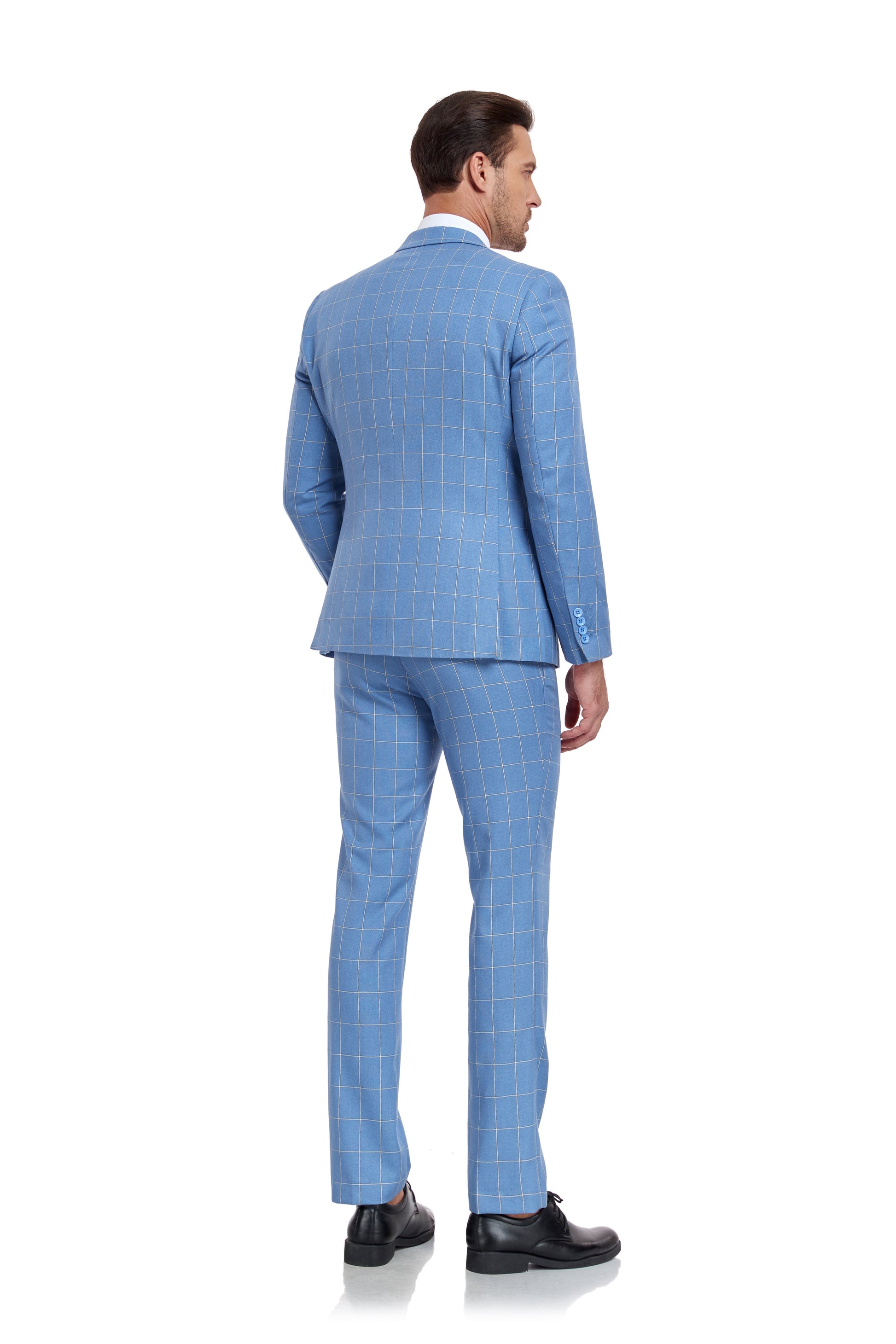 Light Blue Plaid Men's 3 Piece Slim Fit Suit Set Yuanlu