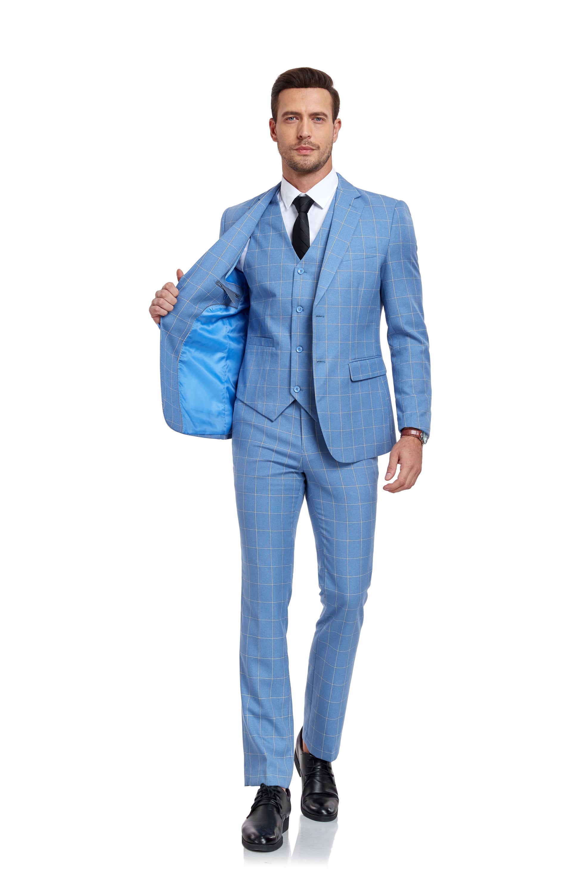 Light Blue Plaid Men's 3 Piece Slim Fit Suit Set Yuanlu