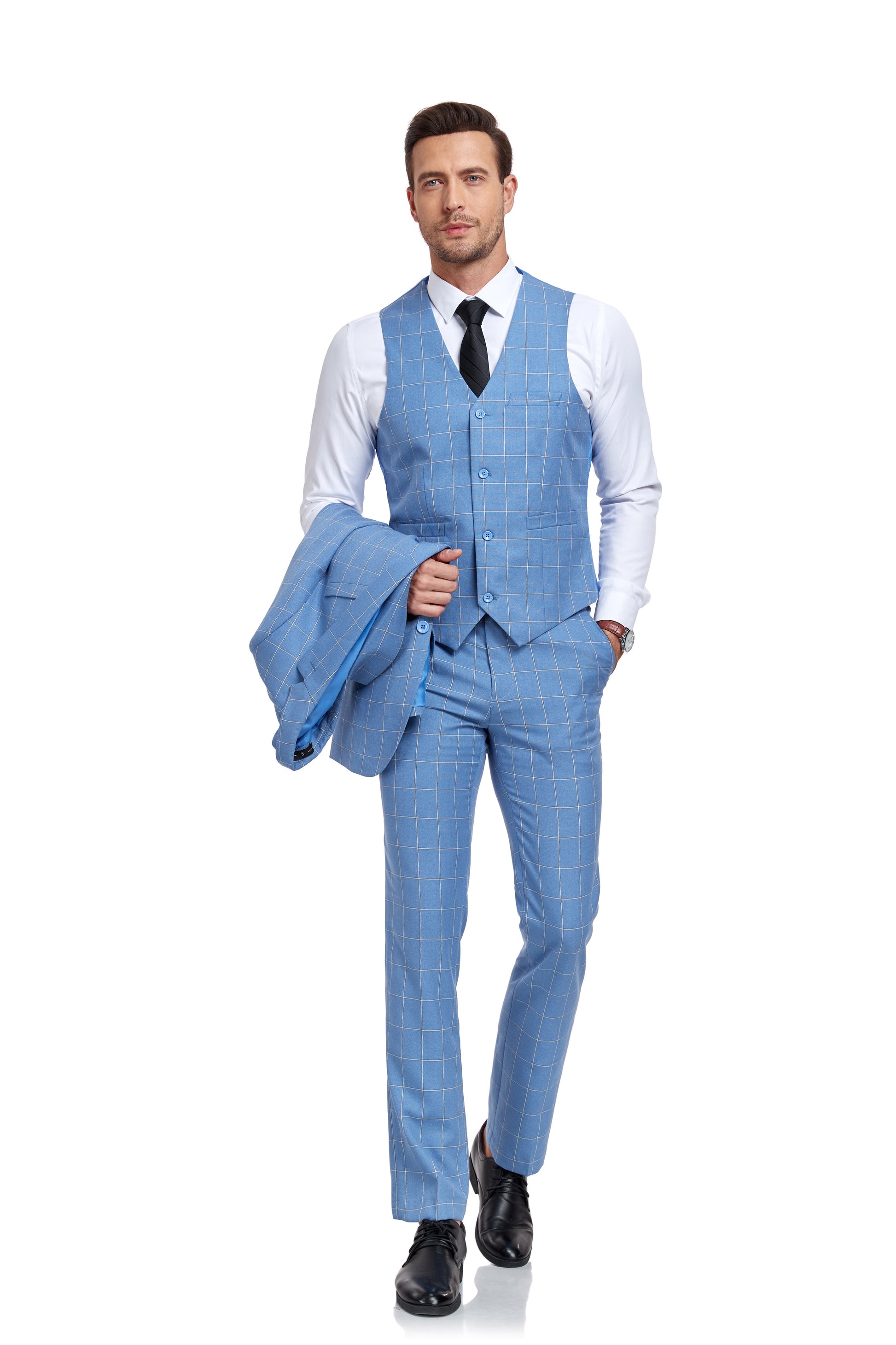 Light Blue Plaid Men's 3 Piece Slim Fit Suit Set Yuanlu