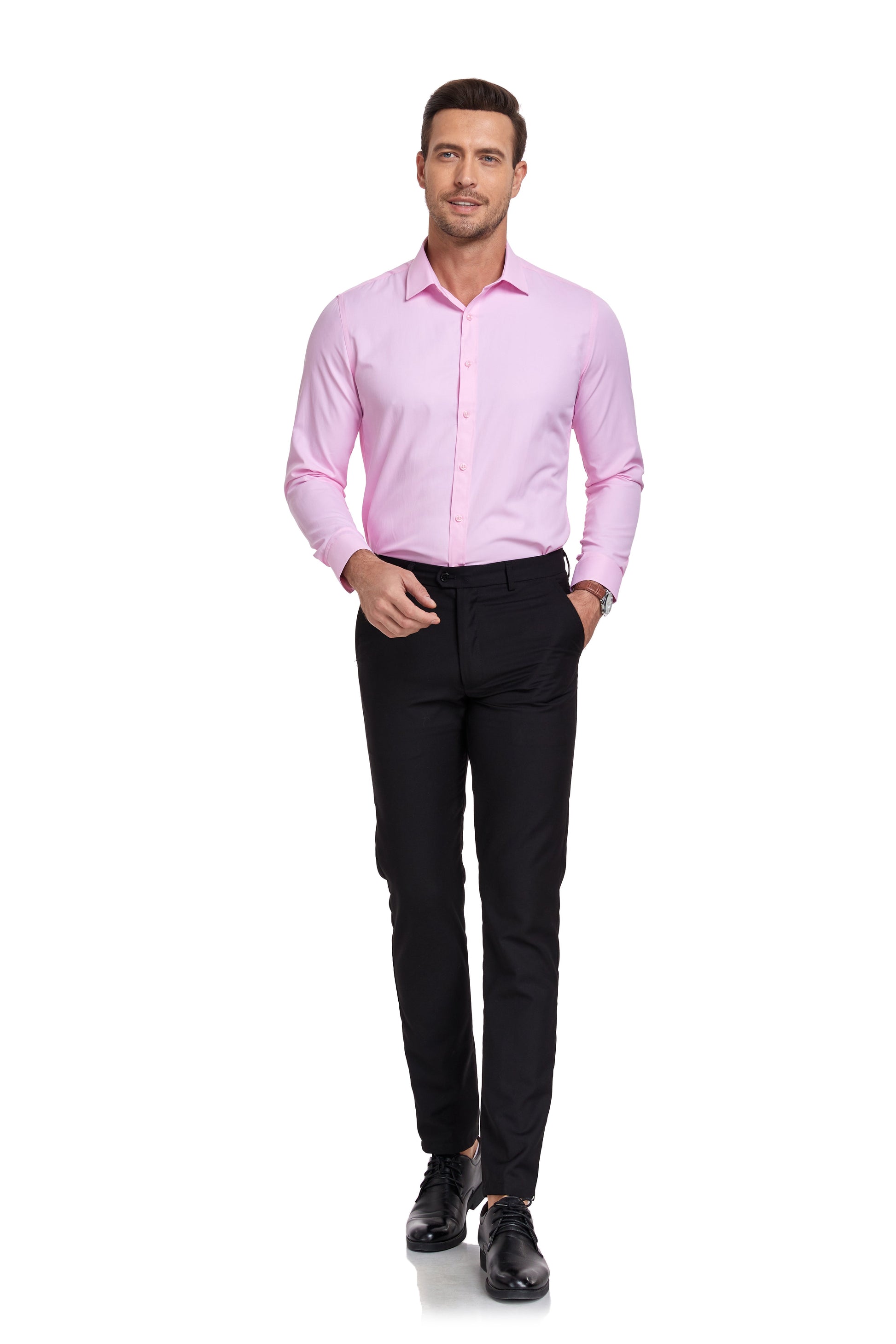 Pink Men's Urban Stylish Casual Business Slim Fit Long Sleeve Button Up Dress Shirt Yuanlu