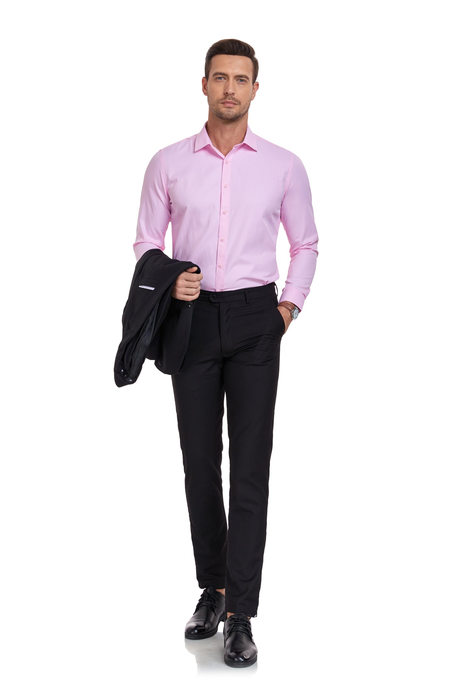 Pink Men's Urban Stylish Casual Business Slim Fit Long Sleeve Button Up Dress Shirt Yuanlu