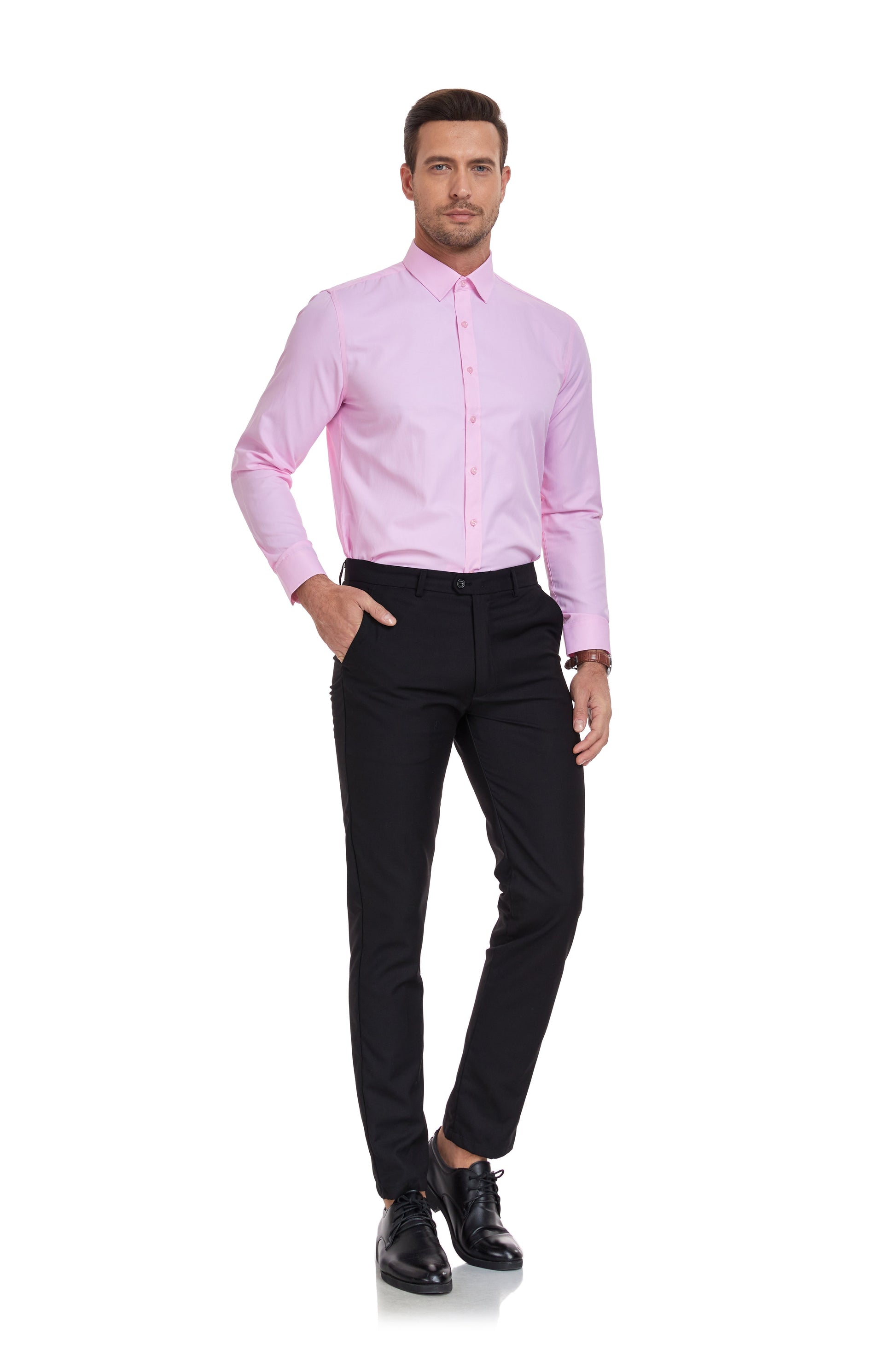 Pink Men's Urban Stylish Casual Business Slim Fit Long Sleeve Button Up Dress Shirt Yuanlu