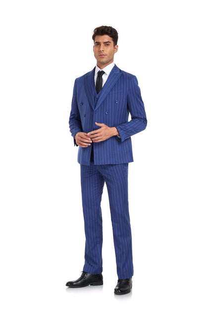 Royal Blue Stripe Men's 3 Piece Set for Party, Wedding and Business Yuanlu