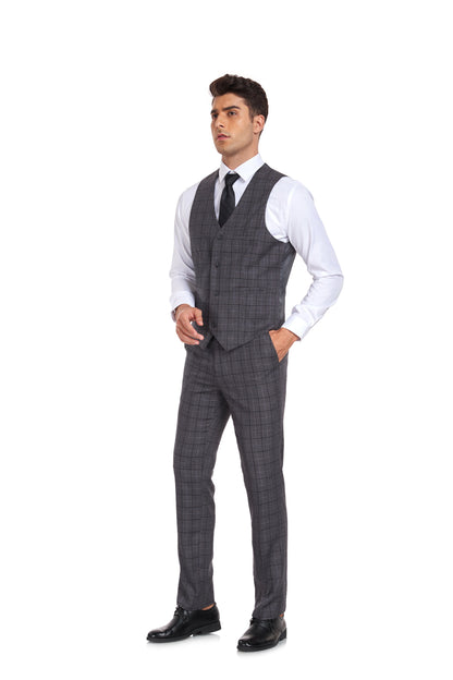 Grey Plaid Men's 3 Piece Set for Party, Wedding and Business Yuanlu