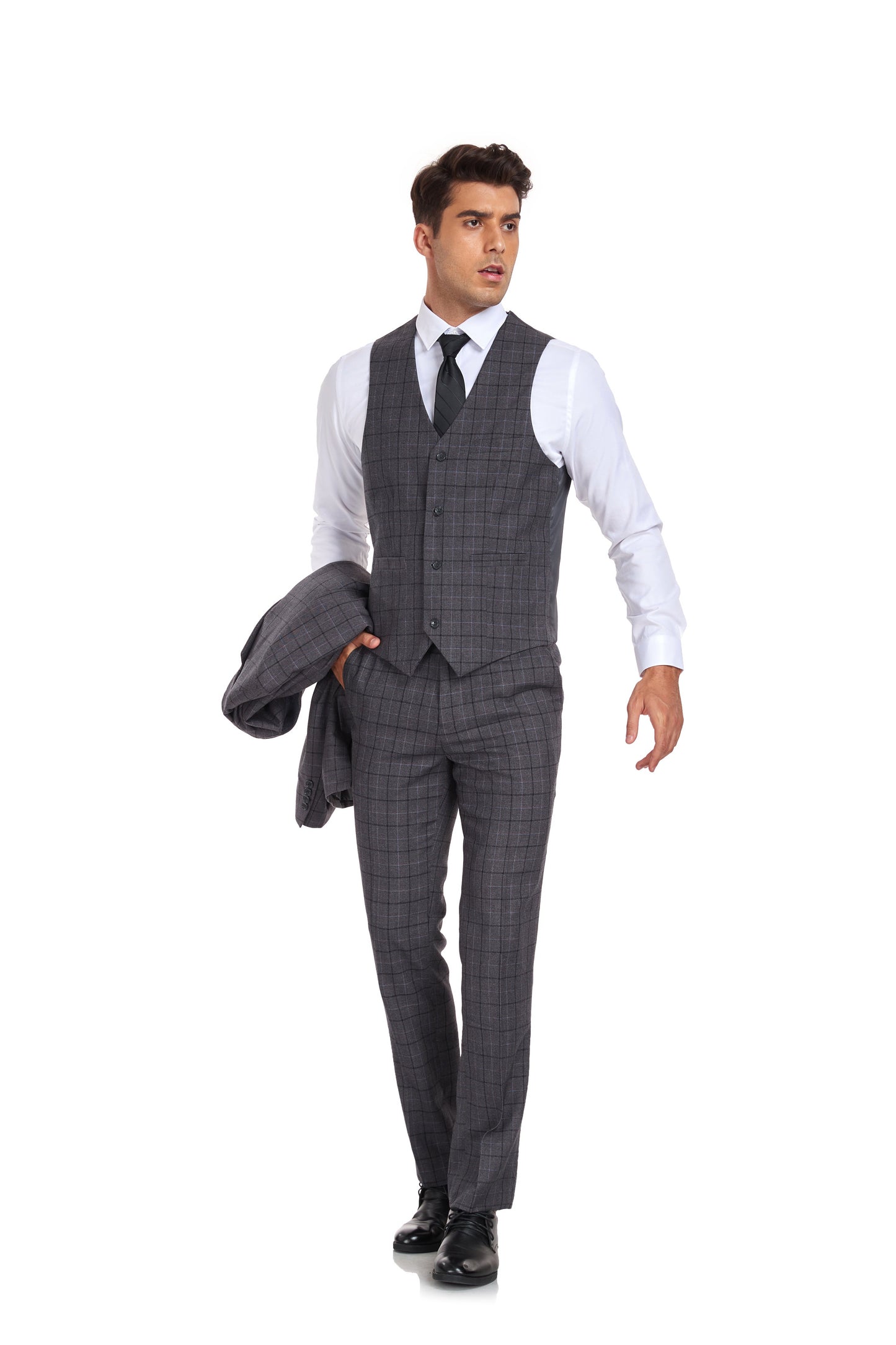 Grey Plaid Men's 3 Piece Set for Party, Wedding and Business Yuanlu