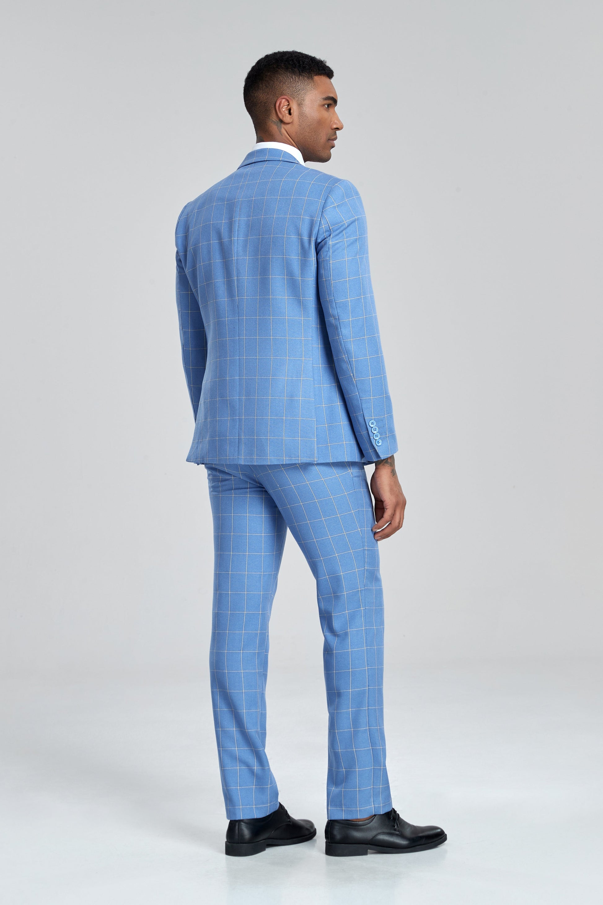 Light Blue Plaid Men's 3 Piece Slim Fit Suit Set Yuanlu