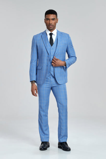 Light Blue Plaid Men's 3 Piece Slim Fit Suit Set Yuanlu