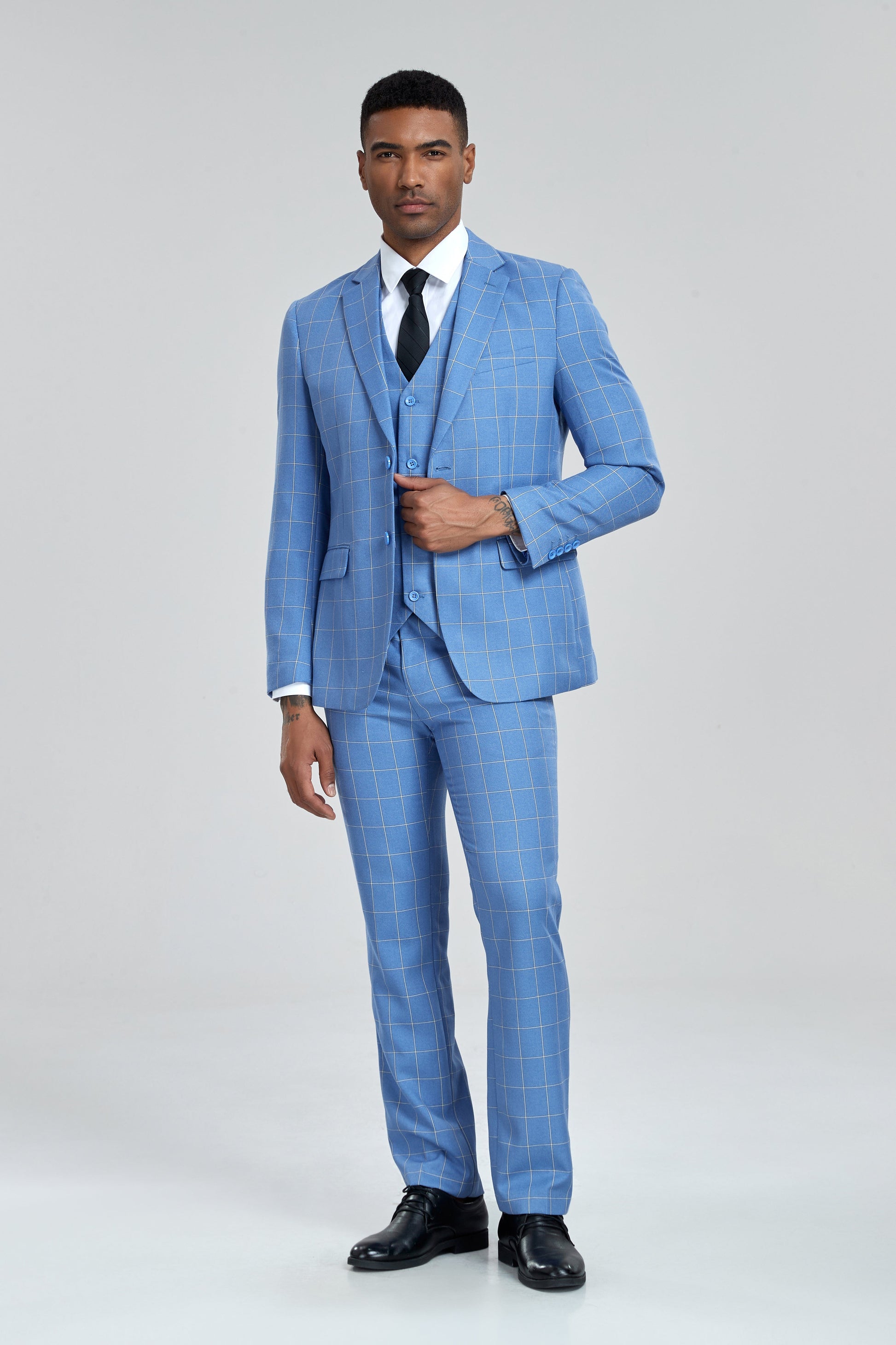 Light Blue Plaid Men's 3 Piece Slim Fit Suit Set Yuanlu