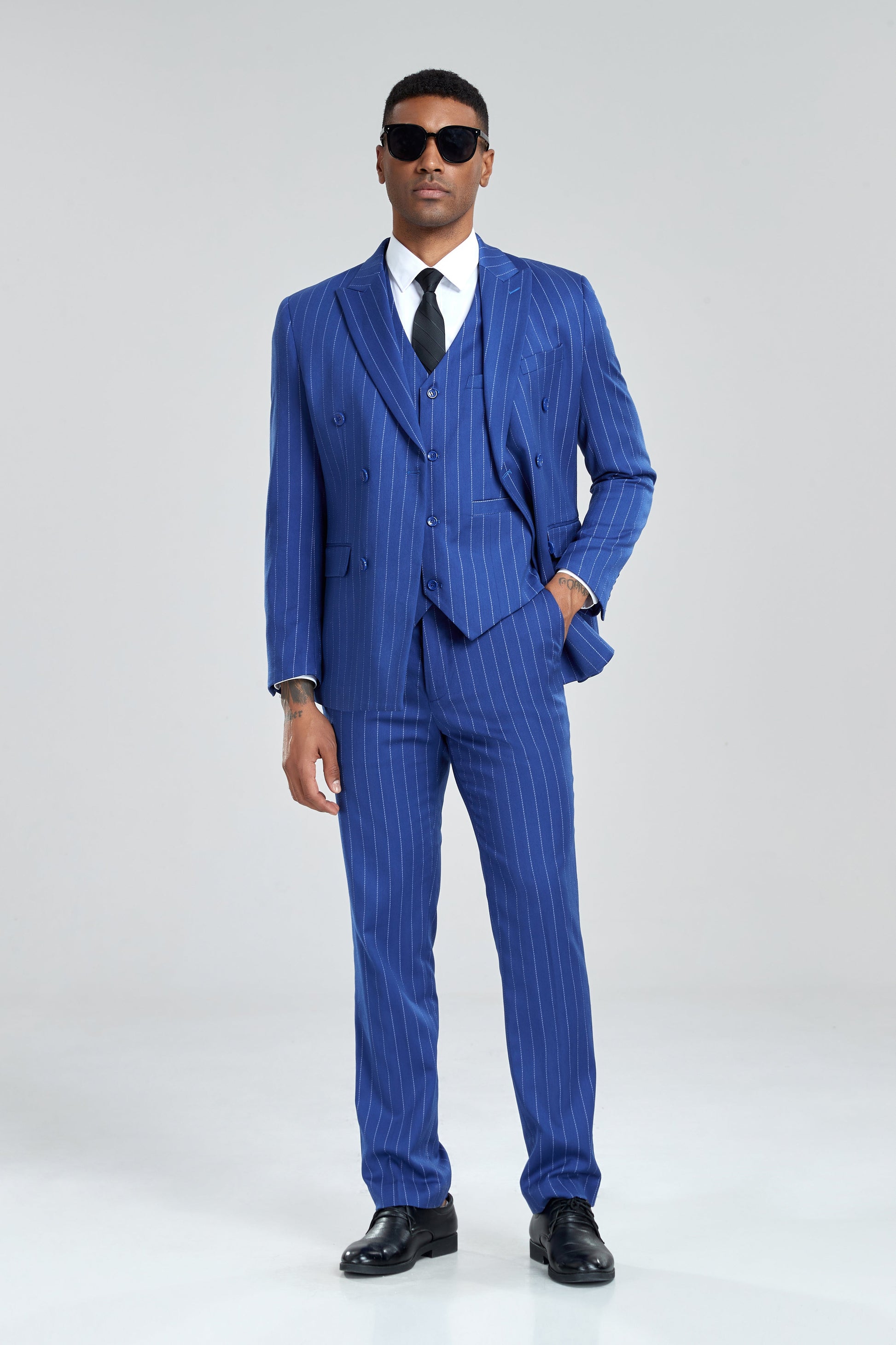 Royal Blue Stripe Men's 3 Piece Set for Party, Wedding and Business Yuanlu