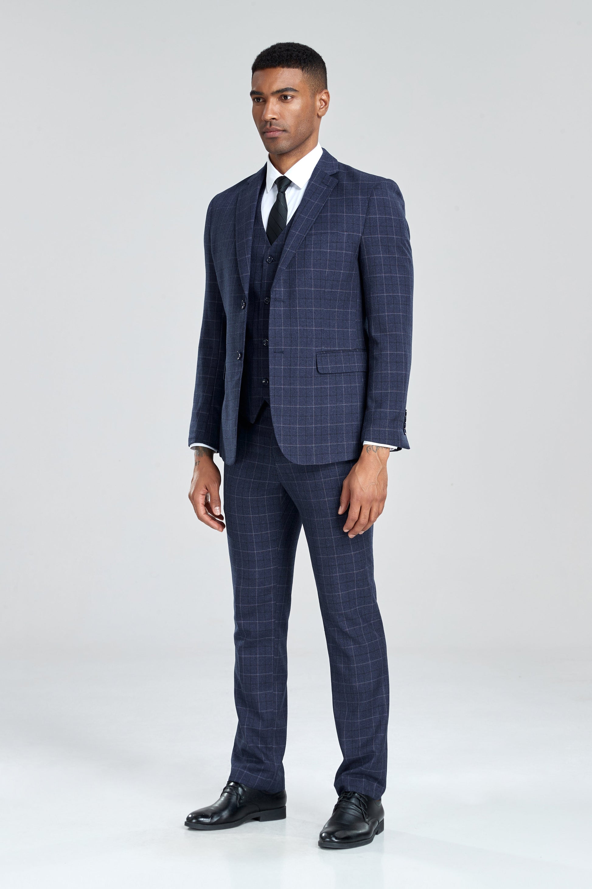 Navy Plaid Men's 3 Piece Slim Fit Suit Set Yuanlu