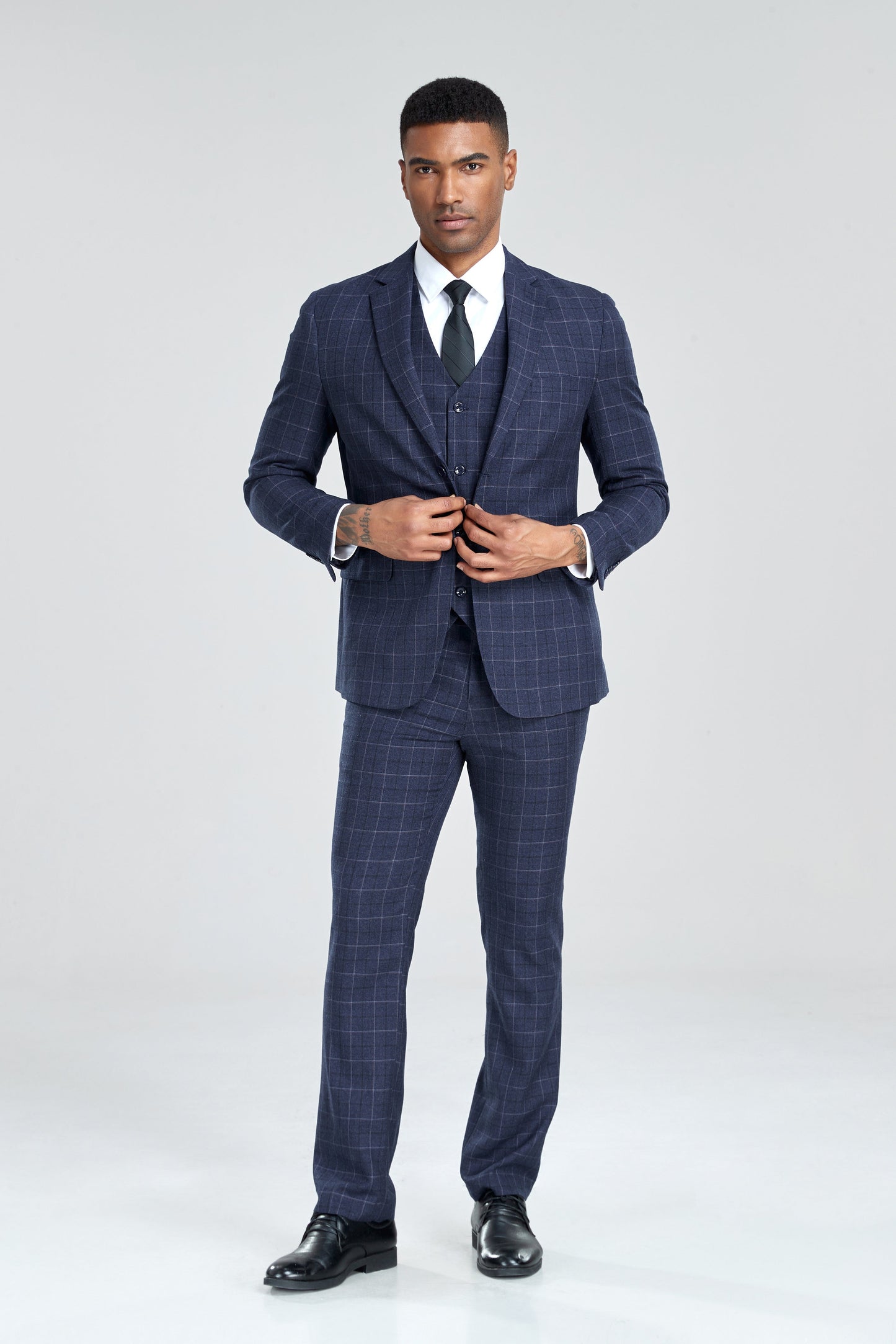 Navy Plaid Men's 3 Piece Slim Fit Suit Set Yuanlu