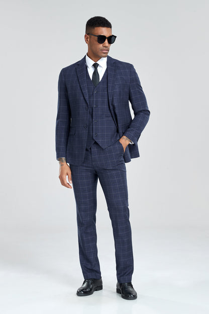 Navy Plaid Men's 3 Piece Slim Fit Suit Set Yuanlu