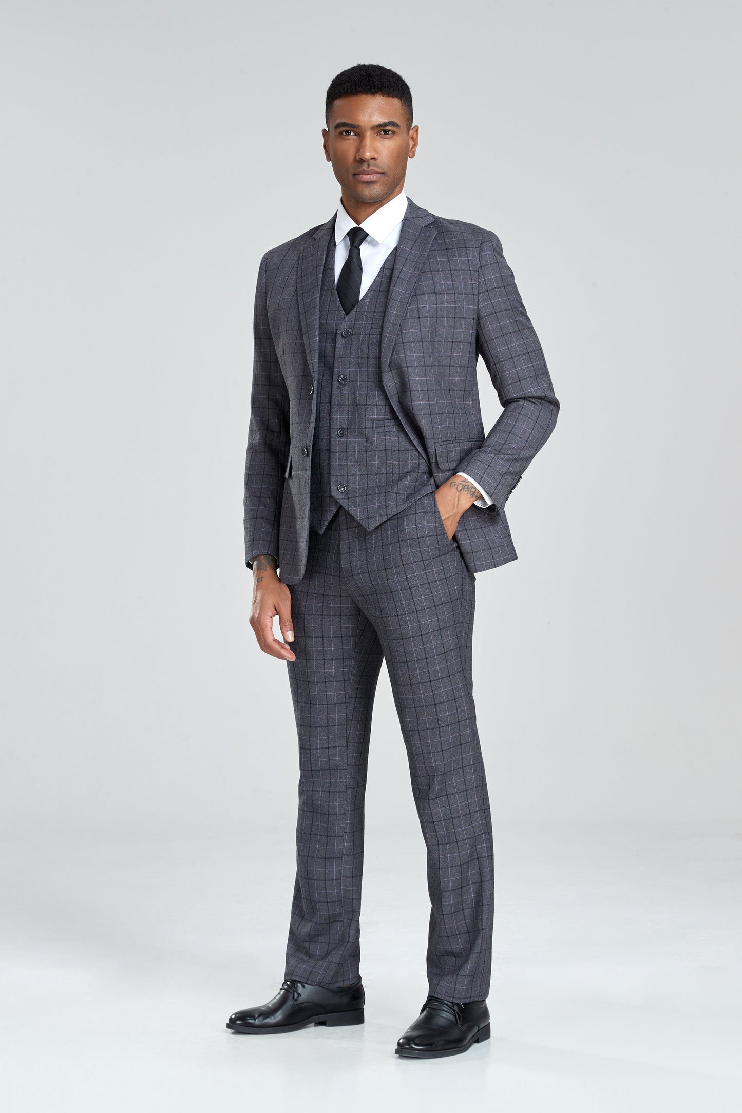 Grey Plaid Men's 3 Piece Set for Party, Wedding and Business Yuanlu