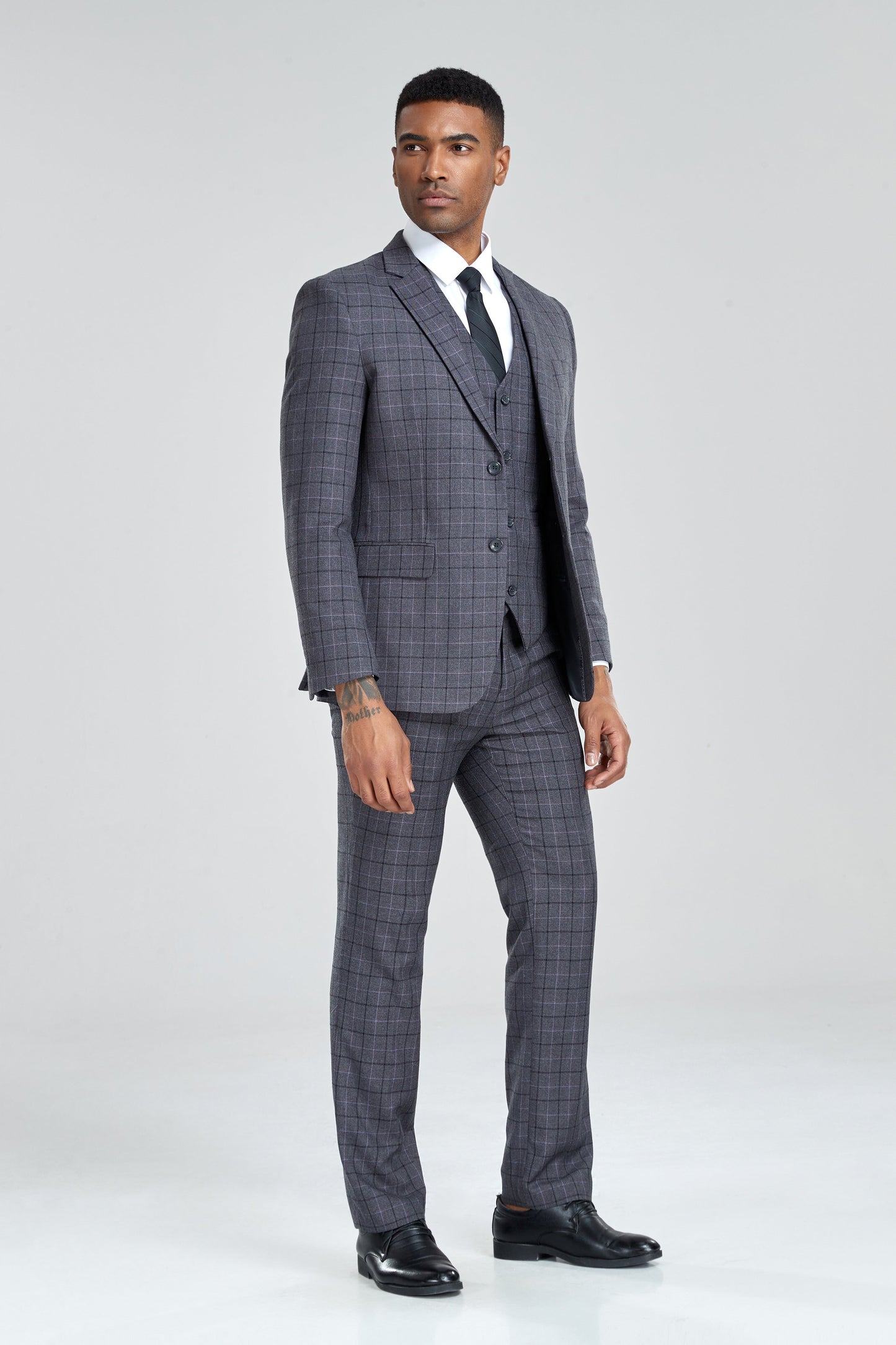 Grey Plaid Men's 3 Piece Set for Party, Wedding and Business Yuanlu