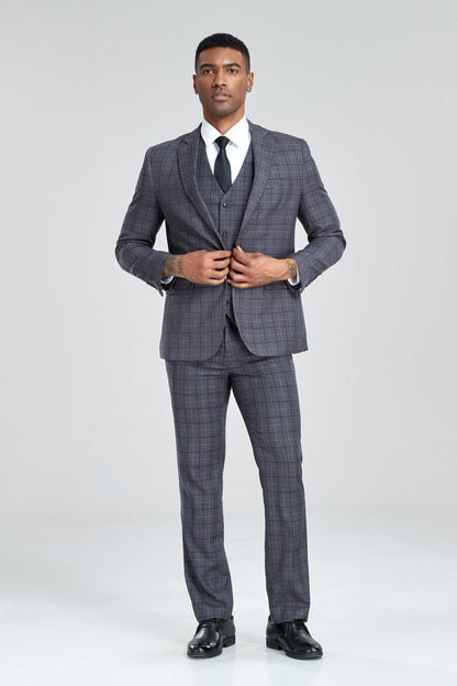 Grey Plaid Men's 3 Piece Set for Party, Wedding and Business Yuanlu