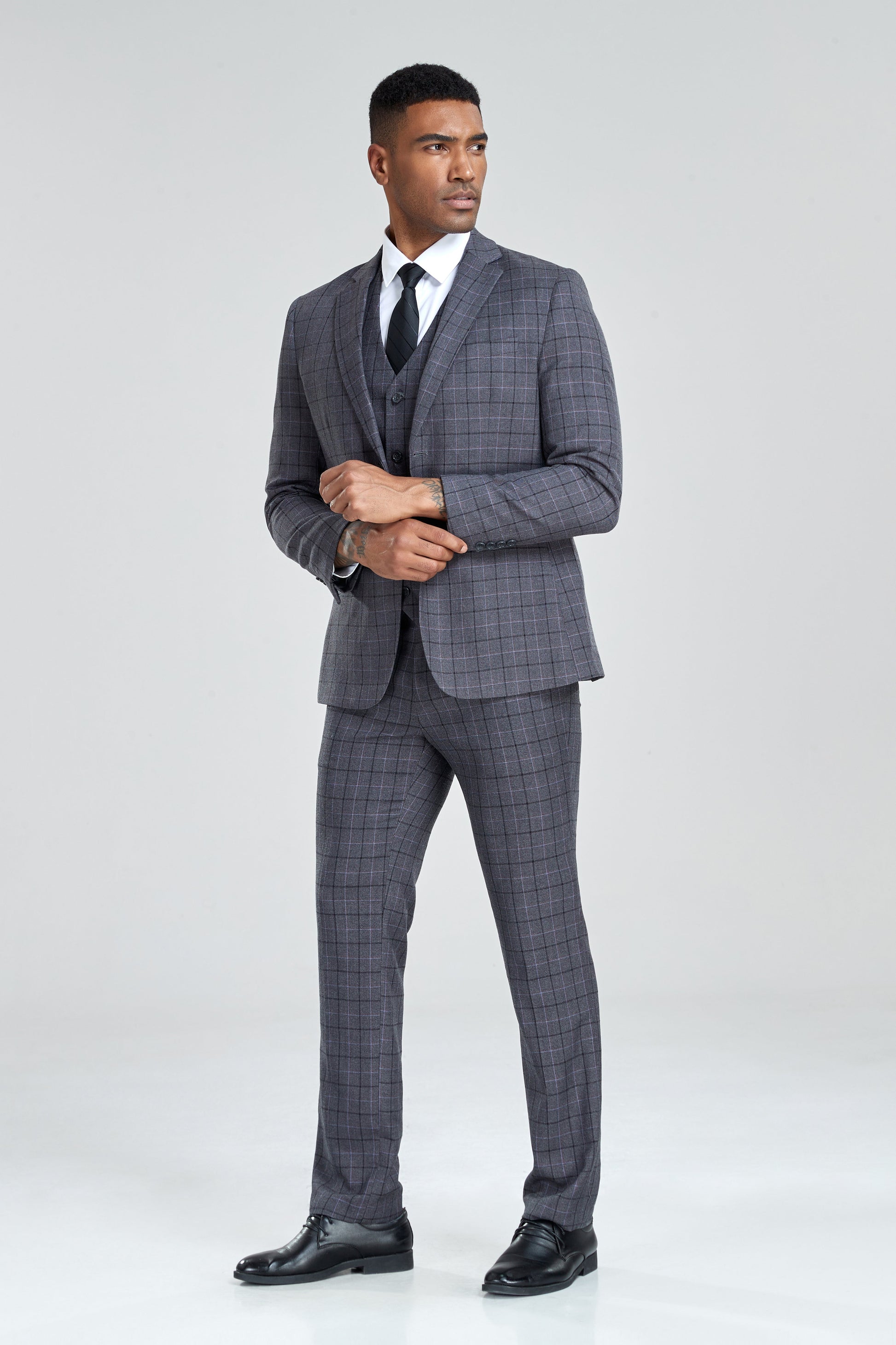 Grey Plaid Men's 3 Piece Set for Party, Wedding and Business Yuanlu