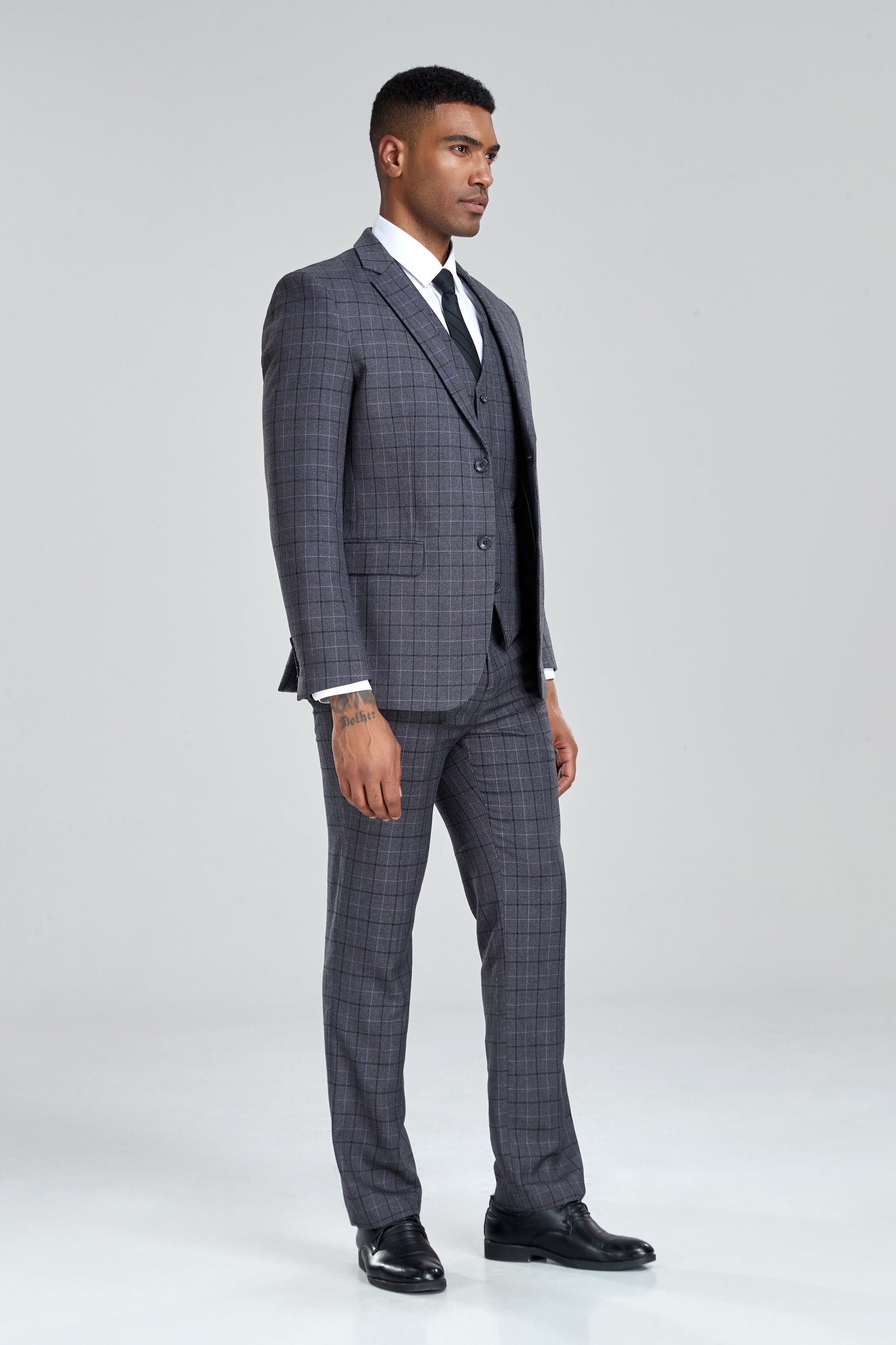 Grey Plaid Men's 3 Piece Set for Party, Wedding and Business Yuanlu