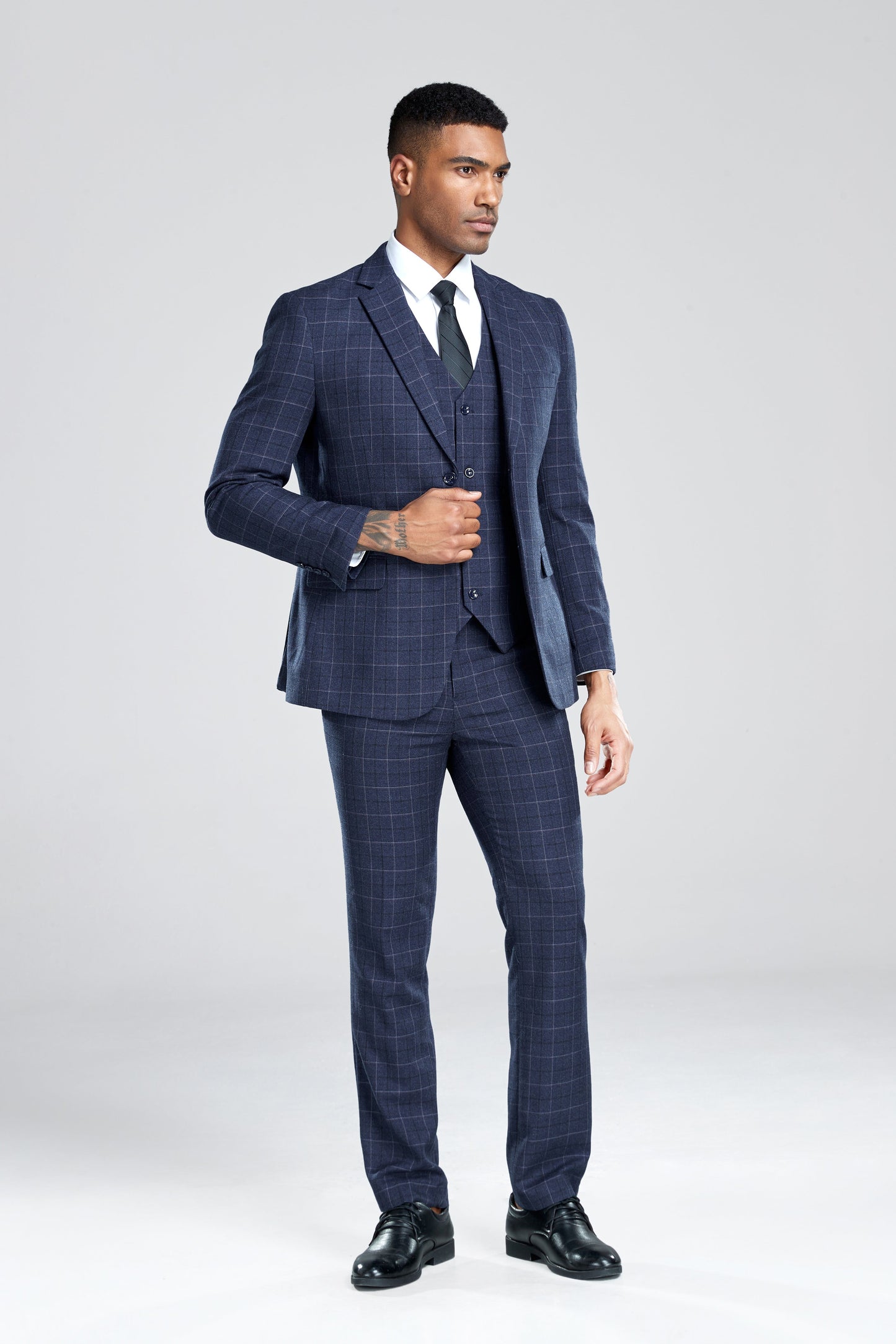 Navy Plaid Men's 3 Piece Slim Fit Suit Set Yuanlu