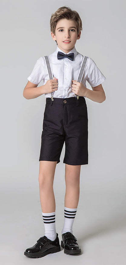 Black 4 Piece Kids Boys' Formal Party Summer Suits Set With Suspenders Yuanlu