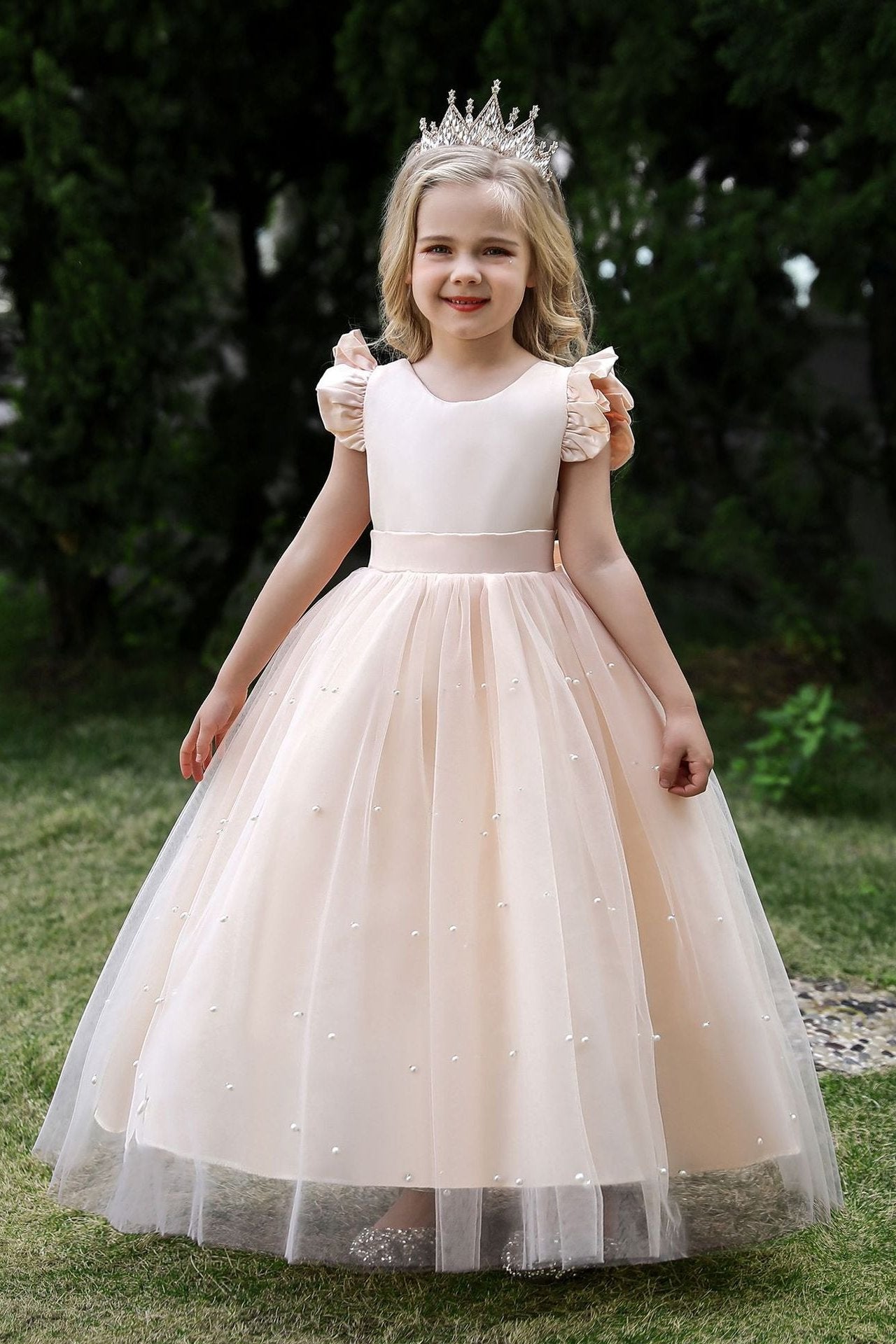 Satin Girl Dress with Pearl Tulle Cape Flower Girl Dresses for Wedding Tulle Pageant Princess Gown FLC00426 (MORE COLORS) Lycody