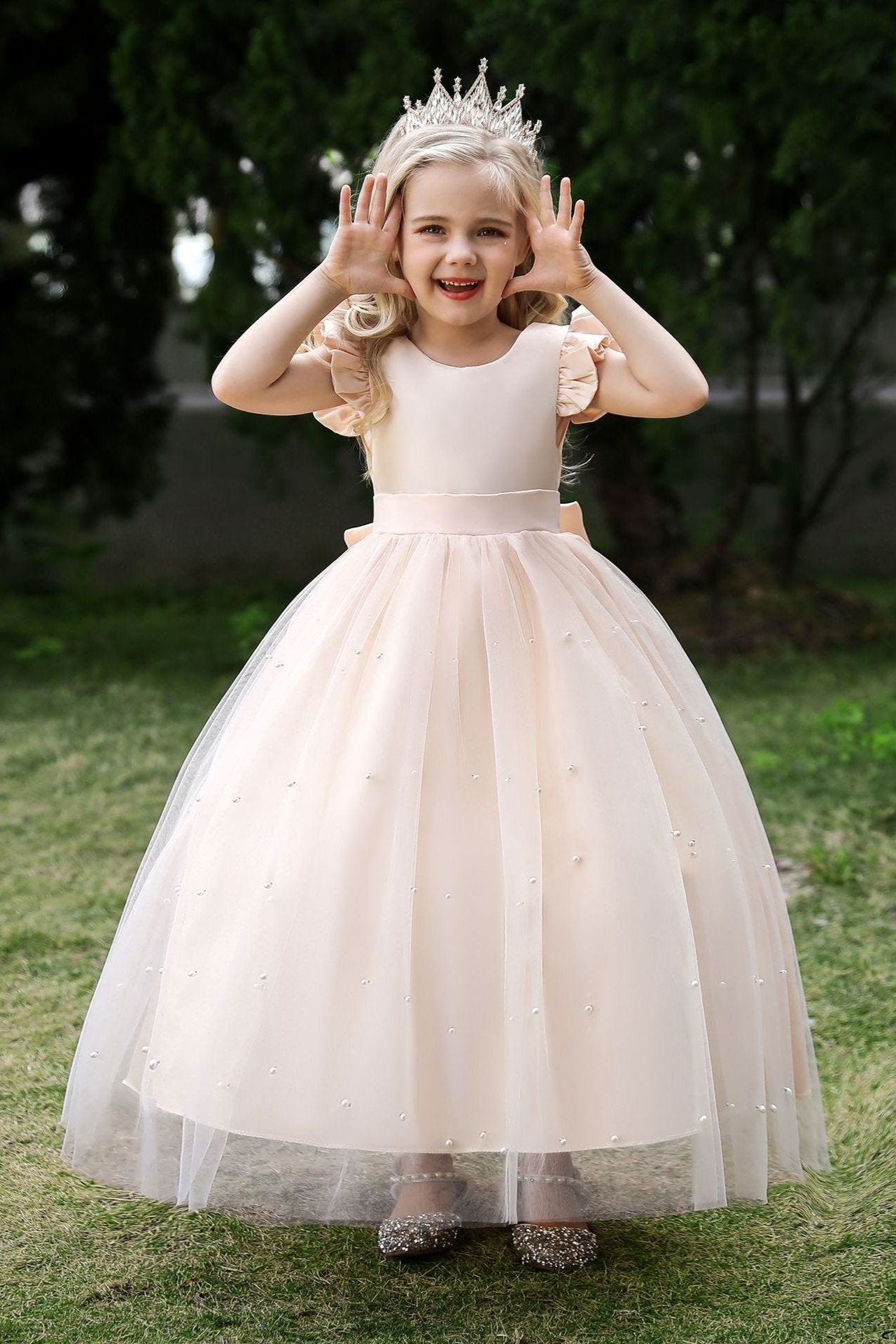 Satin Girl Dress with Pearl Tulle Cape Flower Girl Dresses for Wedding Tulle Pageant Princess Gown FLC00426 (MORE COLORS) Lycody