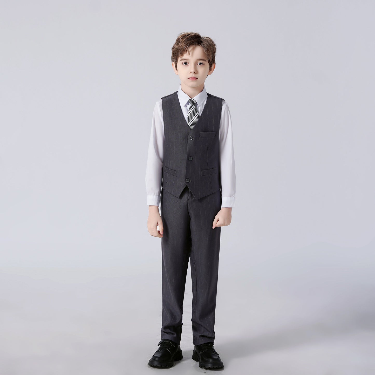 Dark Grey Striped Modern 4 Piece Boy's Formal Suits Yuanlu