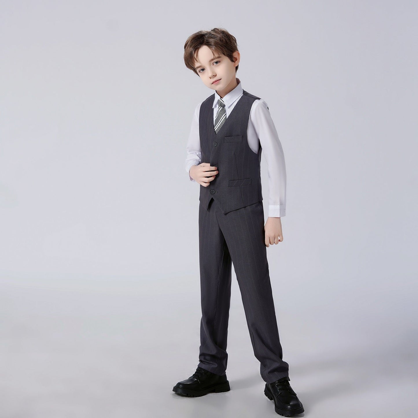 Grey Striped Slim Fit Modern 4 Piece Boy's Formal Suits With Vest+Pants+Shirt+Tie Yuanlu