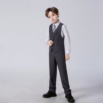 Dark Grey Striped Modern 4 Piece Boy's Formal Suits Yuanlu