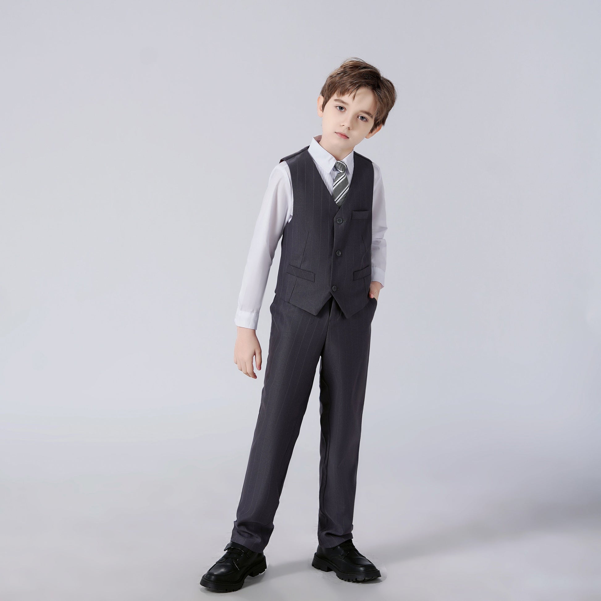 Dark Grey Striped Modern 4 Piece Boy's Formal Suits Yuanlu