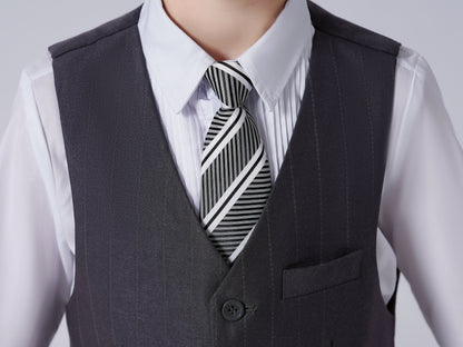 Dark Grey Striped Modern 4 Piece Boy's Formal Suits Yuanlu