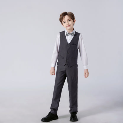 Dark Grey Striped Modern 4 Piece Boy's Formal Suits Yuanlu