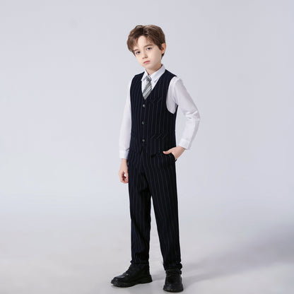 Black Striped Modern 4 Piece Boy's Formal Suits Yuanlu