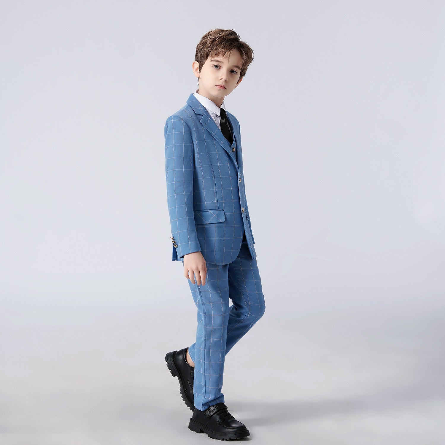 Light Blue Plaid Elegant Formal 5 Piece Boys Suits Yuanlu