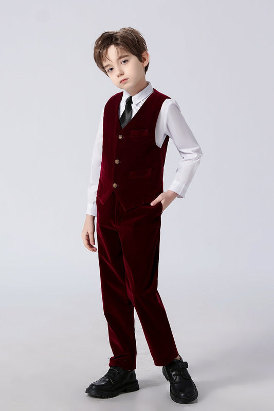 Burgundy Velvet 2 Piece Kids Boys' Vest and Pants Dress Suits Set Yuanlu