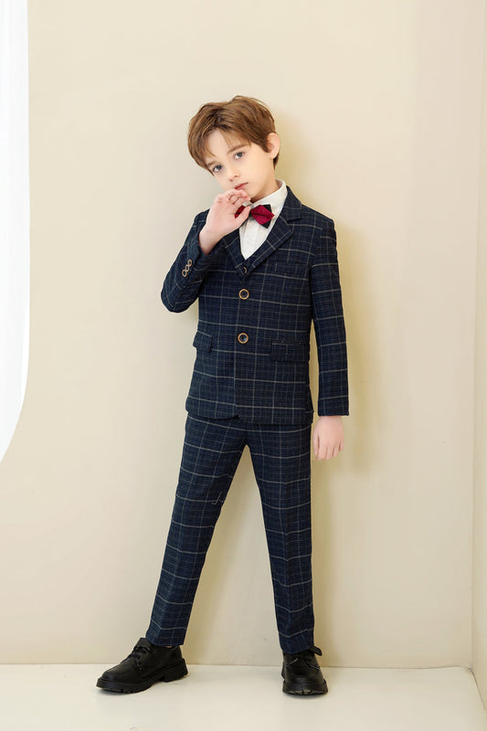 Navy Plaid Elegant 5 Piece Boys Suits Yuanlu