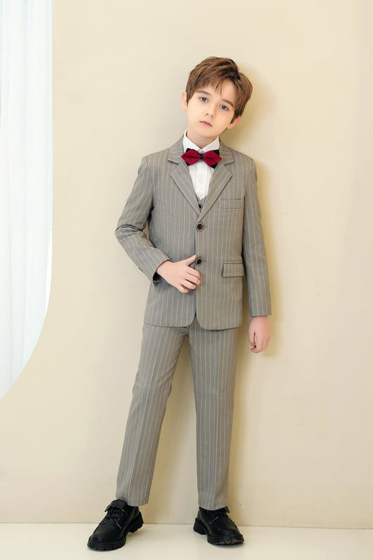 Light Grey Striped Modern 5 Piece Boy's Formal Suits Yuanlu