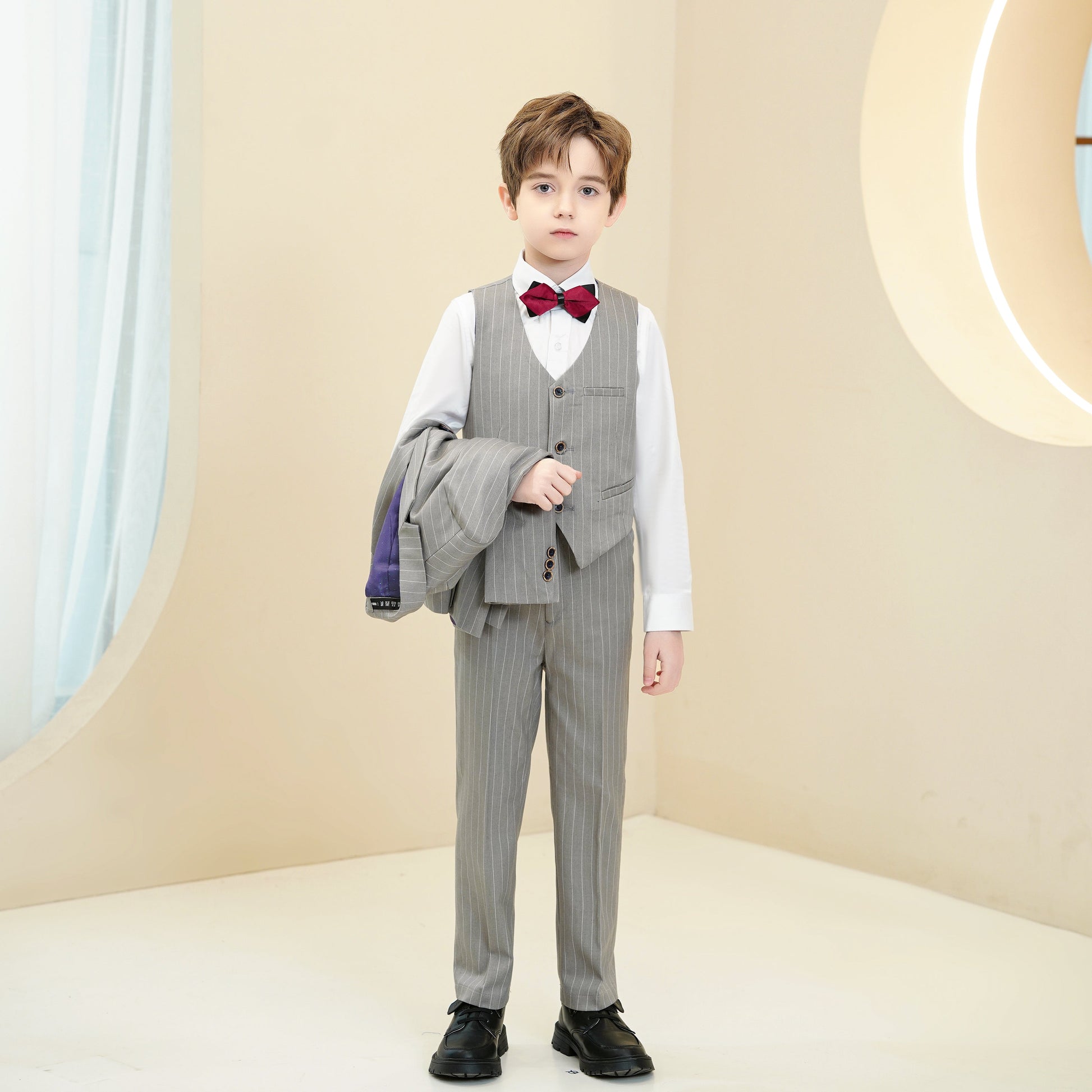 Light Grey Striped Modern 5 Piece Boy's Formal Suits Yuanlu