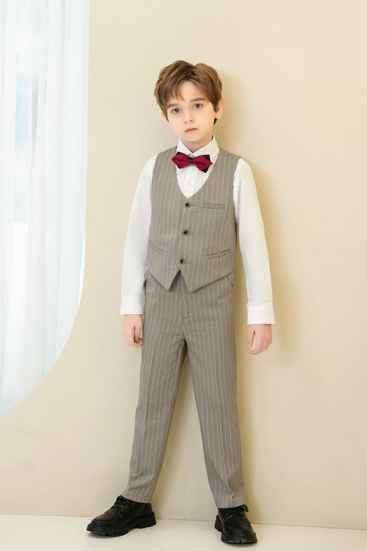 Light Grey Striped Modern 4 Piece Boy's Formal Suits Yuanlu