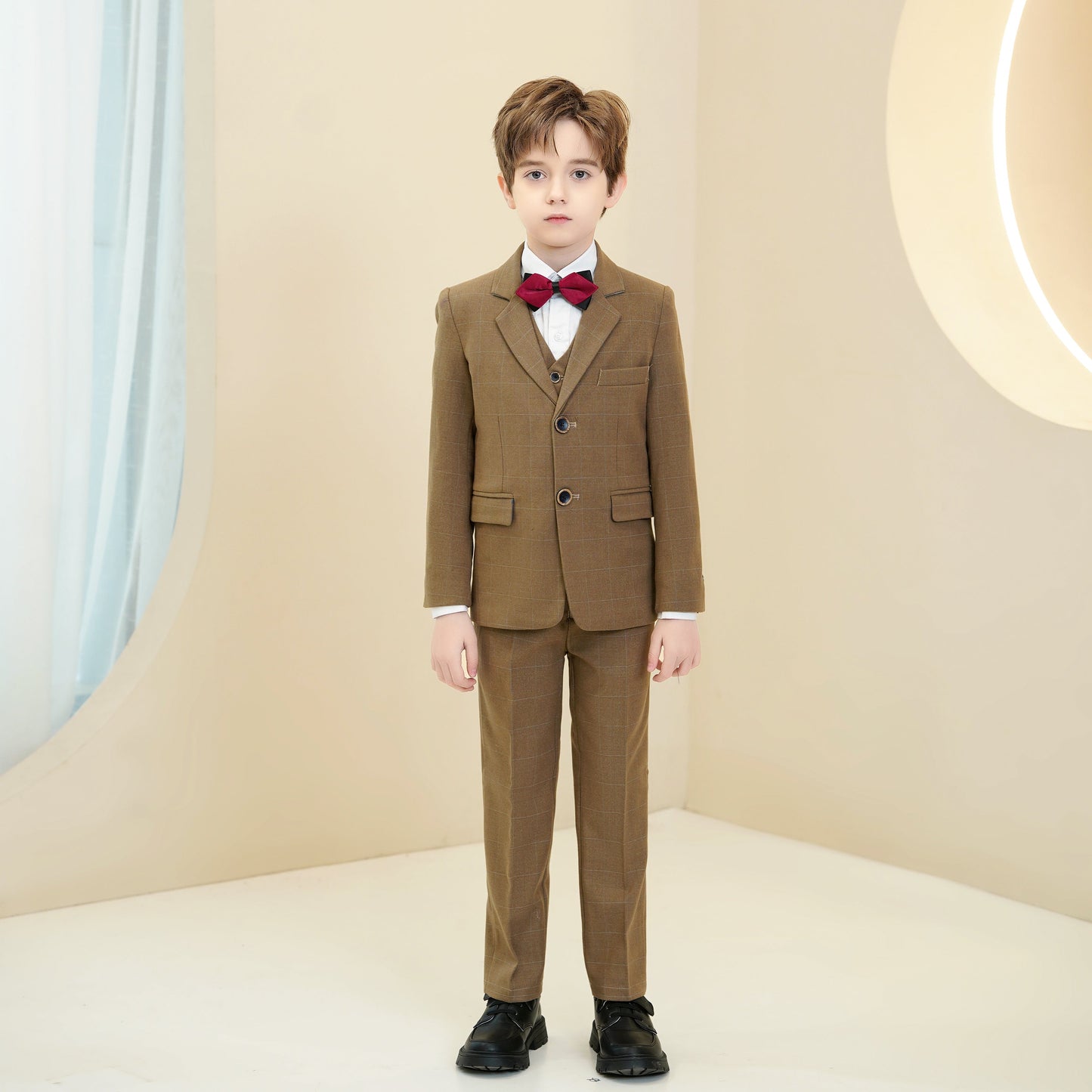 Dark Khaki Plaid Elegant 5 Piece Boys Suits Yuanlu