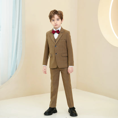 Dark Khaki Plaid Elegant 5 Piece Boys Suits Yuanlu