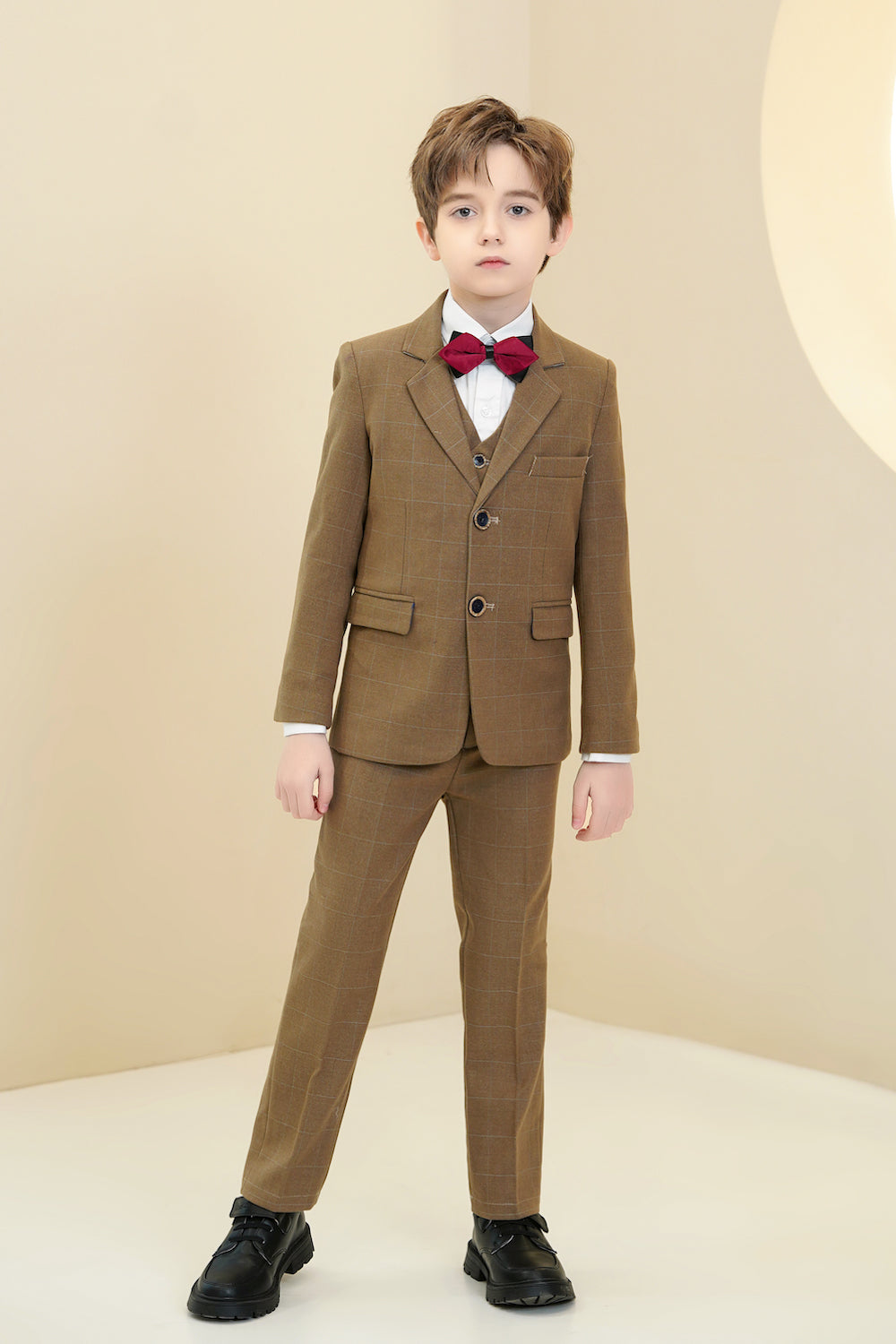 Dark Khaki Plaid Elegant 5 Piece Boys Suits Yuanlu