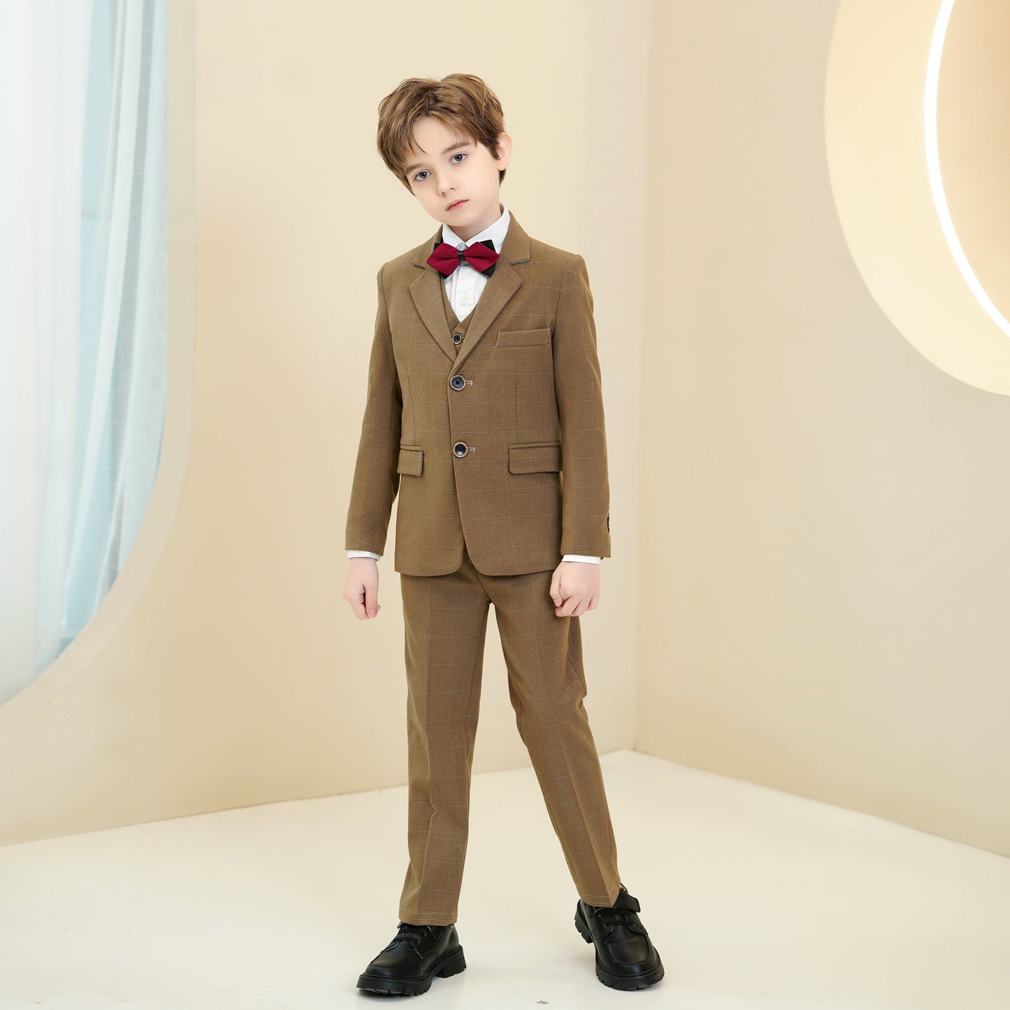 Dark Khaki Plaid Elegant 5 Piece Boys Suits Yuanlu